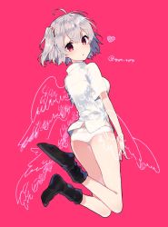 Rule 34 | 1girl, :o, angel chromosome xx, ass, bad id, bad twitter id, black socks, blush, commentary request, from behind, highres, ikeuchi tanuma, looking at viewer, looking back, multiple wings, neon genesis evangelion, panties, parted lips, pink background, red eyes, seraph, shirt, short sleeves, silver hair, simple background, socks, solo, tabris-xx, twitter username, two side up, underwear, white panties, white shirt, wings