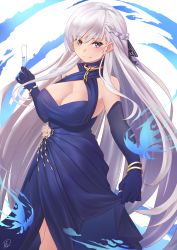 Rule 34 | 1girl, absurdres, after3310, azur lane, belfast (azur lane), belfast (the noble attendant) (azur lane), blue dress, blue gloves, blush, bracelet, braid, breasts, center opening, cleavage, closed mouth, commentary, cowboy shot, criss-cross halter, cup, dress, drinking glass, elbow gloves, flower, french braid, gloves, hair between eyes, halterneck, highres, jewelry, large breasts, long hair, looking at viewer, purple eyes, signature, silver hair, simple background, smile, solo, white background, wine glass