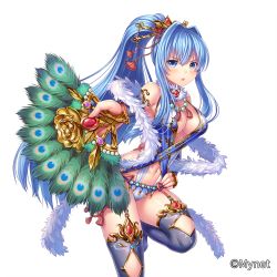Rule 34 | 1girl, bare shoulders, black thighhighs, blue eyes, blue hair, blue panties, blush, breasts, cleavage, company name, feather boa, foreshortening, garter straps, gem, hair intakes, hair ornament, hair stick, hand fan, highres, holding, holding fan, jewelry, long hair, looking at viewer, medium breasts, navel, necklace, official art, open mouth, otosume ruiko, panties, peacock feathers, ponytail, ribbon, sangoku infinity, simple background, solo, standing, standing on one leg, thighhighs, underwear, very long hair, white background