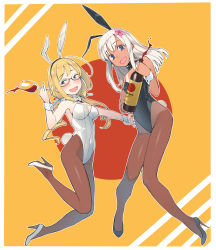 Rule 34 | 2girls, alcohol, alternate costume, animal ears, aqua eyes, black leotard, blonde hair, blue eyes, blush, bow, bowtie, breasts, brown legwear, commentary request, covered navel, cup, detached collar, drinking glass, fake animal ears, fake tail, flower, full body, glasses, hair flower, hair ornament, heibonkaeru, high heels, i-8 (kancolle), kantai collection, legs, leotard, long hair, looking at viewer, low twintails, medium breasts, multiple girls, one-piece tan, open mouth, pantyhose, playboy bunny, rabbit ears, rabbit tail, red-framed eyewear, ro-500 (kancolle), semi-rimless eyewear, simple background, small breasts, smile, strapless, strapless leotard, tail, tan, tanline, twintails, under-rim eyewear, white hair, wine, wine glass, wrist cuffs