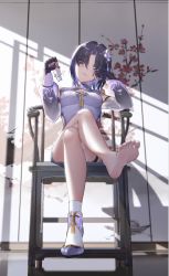 Rule 34 | 1girl, a-soul, barefoot, blue hair, carol (a-soul), chair, chinese clothes, crossed legs, dark blue hair, feet, hair ornament, highres, looking at viewer, medium hair, parted lips, purple eyes, shoes, single shoe, sitting, soles, toes
