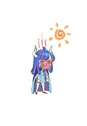 Rule 34 | 1girl, ahoge, blue cape, blue hair, blue skirt, cape, chibi, covered mouth, curled horns, dinosaur girl, full body, horns, jewelry, long hair, mask, mouth mask, multicolored hair, necklace, one piece, pink eyes, pink hair, pink mask, raine (acke2445), red footwear, simple background, skirt, solo, standing, streaked hair, sun, sweat, ulti (one piece), white background