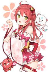 Rule 34 | 1girl, 35p (sakura miko), :d, ahoge, bell, blush, bridal garter, cat, cherry blossom print, detached sleeves, floral background, floral print, green eyes, hair bell, hair ornament, hairclip, hands up, highres, hololive, idemitsu, jingle bell, kintoki (sakura miko), long hair, long sleeves, looking at viewer, open mouth, paw pose, pink cat, pink hair, pleated skirt, red hair, red skirt, sakura miko, sakura miko (1st costume), simple background, skirt, smile, virtual youtuber, white background, white cat, white sleeves, wide sleeves, x hair ornament