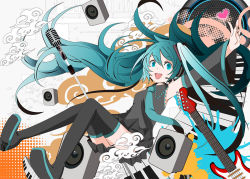 Rule 34 | aqua eyes, aqua hair, bad id, bad pixiv id, boots, detached sleeves, guitar, hatsune miku, headphones, headset, instrument, long hair, microphone, microphone stand, necktie, open mouth, piano keys, sakisato kiriko, skirt, solo, speaker, thigh boots, thighhighs, twintails, very long hair, vocaloid