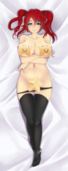Rule 34 | 1girl, absurdres, alexadarkness, bed sheet, blue eyes, breasts, censored, copyright request, dakimakura (medium), full body, highres, large breasts, long hair, looking at viewer, lying, nipples, panties, panty pull, pussy, red hair, smile, thighhighs, topless, twintails, underwear