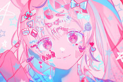 Rule 34 | 1girl, animal ears, bow, close-up, closed mouth, fox ears, fox girl, hair bow, hair ornament, hairclip, hairpin, hand up, heart, heart-shaped pupils, hexagram, highres, hololive, limited palette, looking at viewer, multicolored hair, multiple hair bows, multiple hairpins, nail art, nail polish, neon palette, official alternate costume, official alternate hairstyle, omaru polka, omaru polka (school uniform), portrait, side ponytail, sidelocks, simple background, sleeves past wrists, smile, solo, sticker on face, streaked hair, symbol-shaped pupils, tapitapi natako, virtual youtuber