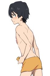 Rule 34 | 10s, 1boy, black hair, blue eyes, blush, cowboy shot, darling in the franxx, embarrassed, hiro (darling in the franxx), holding, holding towel, k 016002, male focus, scar, short hair, simple background, solo, topless male, towel, wavy mouth, white background