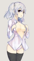Rule 34 | 1girl, artist request, black thighhighs, bottomless, breasts, cleavage, collarbone, groin, kantai collection, kashima (kancolle), large breasts, looking at viewer, navel, open clothes, open mouth, panties, raised eyebrows, shirt, simple background, stomach, tagme, thighhighs, twintails, underwear, undressing, white background, white hair, white panties, white shirt
