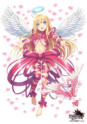Rule 34 | 1girl, angel wings, arm ribbon, arrow (projectile), blonde hair, blue eyes, bow, bow (weapon), breasts, brooch, dated, grand harem, halo, heart, jewelry, leg ribbon, long hair, naked ribbon, navel, outstretched arms, pokachu, ribbon, simple background, solo, underboob, very long hair, weapon, white background, wings