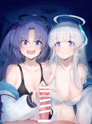 Rule 34 | 1boy, 2girls, bar censor, black bra, blue archive, blush, bra, breasts, censored, collarbone, commentary request, grey hair, halo, highres, indoors, jacket, large breasts, long hair, long sleeves, looking at viewer, mechanical halo, multiple girls, nakatokung, navel, noa (blue archive), open clothes, open jacket, open mouth, penis, purple eyes, purple hair, two side up, underwear, white bra, white jacket, yuuka (blue archive)