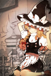 Rule 34 | 10-count, 1girl, beaker, book, book stack, bow, braid, candle, female focus, hair bow, hat, kirisame marisa, kneeling, solo, test tube, touhou, witch, witch hat