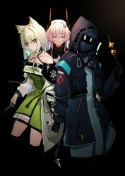 Rule 34 | 1other, 2girls, absurdres, animal ear fluff, animal ears, arknights, bare shoulders, black background, black choker, black gloves, black jacket, choker, closed eyes, commentary request, criss-cross halter, cropped legs, doctor (arknights), dress, facing viewer, gloves, green dress, green eyes, hair between eyes, halterneck, hand up, highres, holding, hood, hooded jacket, horns, iku! iku!!, jacket, kal&#039;tsit (arknights), long hair, long sleeves, looking at viewer, material growth, multiple girls, off-shoulder dress, off shoulder, open clothes, open jacket, originium (arknights), oripathy lesion (arknights), pink hair, short dress, silver hair, simple background, smile, theresa (arknights)