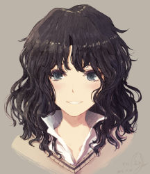 Rule 34 | 1girl, amagami, bad id, bad pixiv id, black hair, blush, dated, grey background, highres, long hair, looking at viewer, minyom, parted lips, portrait, signature, simple background, smile, solo, tanamachi kaoru, v-neck, wavy hair