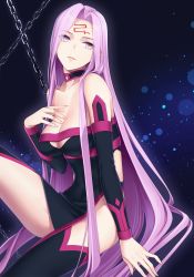 Rule 34 | 1girl, absurdly long hair, black dress, black thighhighs, breasts, chimachi, choker, cleavage, cola, detached sleeves, dress, facial mark, fate/stay night, fate (series), head tilt, highres, large breasts, lens flare, long hair, medusa (fate), medusa (rider) (fate), medusa (rider) (third ascension) (fate), parted lips, pink hair, purple eyes, side slit, sitting, sleeveless, sleeveless dress, solo, strapless, strapless dress, thighhighs, very long hair