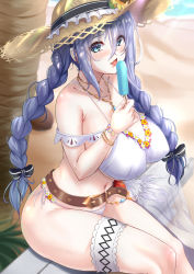 Rule 34 | 1girl, absurdres, aqua eyes, beach, bikini, blue hair, blurry, blurry background, braid, breasts, food, hair between eyes, hat, highres, huge breasts, jewelry, kuutamo, licking, long hair, looking at viewer, navel, necklace, outdoors, popsicle, princess connect!, shizuru (princess connect!), shizuru (summer) (princess connect!), sitting, solo, straw hat, swimsuit, thick thighs, thigh strap, thighs, tongue, tongue out, twin braids, twintails, underboob, white bikini