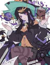 Rule 34 | 1boy, black hair, black hat, black jacket, black skirt, blue bow, book, bow, chinese commentary, cosplay, crossdressing, hat, head tilt, highres, holding, holding book, jacket, looking at viewer, male focus, millie parfait, millie parfait (cosplay), nijisanji, nijisanji en, off-shoulder jacket, off shoulder, orange sweater, purple eyes, shu yamino, sitting, skirt, solo, sweater, virtual youtuber, witch hat, yuyuzi