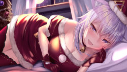 Rule 34 | 1girl, :d, absurdres, ahoge, animal collar, animal ear fluff, animal ears, ball, bed sheet, bell, blush, breasts, cat ears, cat girl, christmas, christmas tree, cleavage, collar, dress, dutch angle, foot out of frame, fur-trimmed dress, fur trim, gloves, hair between eyes, haruka natsuki, hat, highres, hololive, indoors, large breasts, looking at viewer, lying, moon, neck bell, nekomata okayu, night, on bed, on side, open mouth, parted lips, pillow, purple eyes, purple hair, red collar, red dress, red gloves, red thighhighs, santa costume, santa dress, santa hat, short hair, short sleeves, smile, solo, star (symbol), thighhighs, virtual youtuber, window