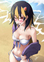 Rule 34 | 1girl, alphamon, bad id, bad pixiv id, bare shoulders, beach, bikini, black hair, blonde hair, breasts, cleavage, collarbone, digimon, digimon (creature), gender request, genderswap, hair between eyes, hair ornament, hairclip, highres, keyliom, long sleeves, looking at viewer, medium breasts, midriff, multicolored hair, navel, off-shoulder shirt, off shoulder, open mouth, red eyes, sand, shirt, signature, solo, sparkle, strapless, street fighter, sunlight, swimsuit, thighhighs, thighs, tube top, two-tone hair, undressing, waves, wavy mouth