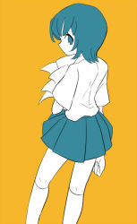 Rule 34 | 10s, 1girl, bad id, bad pixiv id, blue eyes, blue hair, from behind, inazuma eleven (series), inazuma eleven go, inazuma eleven go galaxy, karan koron, looking back, matching hair/eyes, monochrome, pleated skirt, short hair, simple background, skirt, solo, sorano aoi, spot color, yellow background