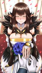 Rule 34 | 1girl, breasts, bride, brown hair, cleavage, dress, fate/apocrypha, fate (series), large breasts, long hair, looking at viewer, pointy ears, pov, romulproduce, semiramis (fate), type-moon