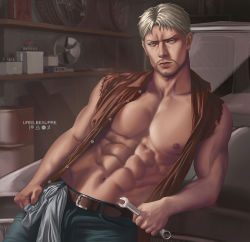 Rule 34 | 1boy, abs, artist name, bara, bare pectorals, black pants, blonde hair, blouse, brown shirt, closed mouth, facial hair, holding, holding wrench, large pectorals, looking at viewer, male focus, muscular, muscular male, navel, nipples, open clothes, open shirt, pants, pectorals, reiner braun, shingeki no kyojin, shirt, short hair, solo, torn clothes, torn shirt, urielbeaupre15, wrench