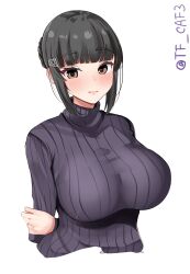 Rule 34 | 1girl, arms behind back, black hair, blush, braid, braided bun, breasts, brown eyes, hair bun, hair ornament, hairclip, highres, kantai collection, large breasts, long hair, looking at viewer, monochrome, myoukou (kancolle), ribbed sweater, short hair, single hair bun, smile, solo, sweater, tf cafe, twitter username, upper body, white background