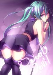 Rule 34 | 1girl, aqua hair, ass, bad id, bad pixiv id, bent over, black thighhighs, hatsune miku, holding, kinta (distortion), long hair, looking at viewer, looking back, one eye closed, purple eyes, skirt, solo, sweet devil (vocaloid), thighhighs, thighs, tongue, tongue out, twintails, very long hair, vocaloid, wink, zettai ryouiki