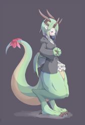 Rule 34 | 1girl, 4138, antlers, dragon girl, female focus, full body, green hair, highres, horns, monster girl, original, pale skin, pointy ears, ribbon, simple background, solo, tail, tail ornament, tail ribbon, wings