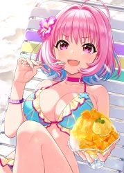 Rule 34 | 1girl, :d, ahoge, bare arms, bare shoulders, bikini, blue bikini, blue hair, blurry, blurry background, breasts, chair, choker, cleavage, commentary request, cup, day, depth of field, fang, feet out of frame, flower, food, frilled bikini, frills, hair flower, hair ornament, hand up, highres, holding, holding cup, holding spoon, idolmaster, idolmaster cinderella girls, knee up, large breasts, looking at viewer, lounge chair, mango, morikura en, multicolored hair, on chair, open mouth, outdoors, pink choker, pink eyes, pink hair, purple eyes, purple flower, short hair, smile, solo, spoon, swimsuit, two-tone hair, yumemi riamu