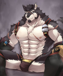Rule 34 | 1boy, abs, absurdres, bara, belt, boots, bottle, brown eyes, chest harness, covering privates, covering crotch, ear piercing, earrings, feet out of frame, furry, furry male, gauntlets, grey background, gyee, hairy, harness, highres, jewelry, jockstrap, kenjilo (kenjilokung), large pectorals, looking at viewer, male focus, male underwear, manly, mature male, morgan (gyee), muscular, muscular male, nipples, no pants, no shirt, pectorals, piercing, scar, scar on chest, scar on face, simple background, sitting, smile, solo, spread legs, thick arms, thick eyebrows, underwear, wolf boy