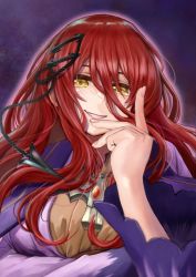 Rule 34 | 1girl, blush, breasts, brown eyes, chain, coat, commentary request, grimm (sentouin hakenshimasu!), hair between eyes, hair ornament, highres, izawa (bhive003), large breasts, long hair, looking at viewer, purple coat, red hair, sentouin hakenshimasu!, smile, solo, upper body