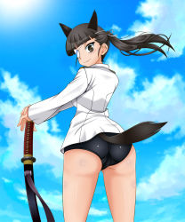 Rule 34 | 1girl, animal ears, ass, black hair, blush, breasts, brown eyes, buruma, day, dog ears, dog tail, eyepatch, from behind, highres, katana, long hair, looking at viewer, military, military uniform, outdoors, ponytail, sakamoto mio, scabbard, sheath, sheathed, shiny clothes, shiny skin, sideboob, sky, smile, solo, standing, strike witches, swimsuit, swimsuit under clothes, sword, tail, tk (butakuma), uniform, weapon, world witches series