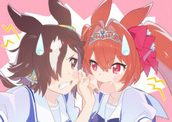 Rule 34 | 2girls, animal ears, antenna hair, blue shirt, bow, brown eyes, brown hair, cheek pinching, clenched teeth, commentary request, daiwa scarlet (umamusume), eye contact, fang, hair between eyes, hair bow, hair intakes, hair over one eye, horse ears, long hair, looking at another, multicolored hair, multiple girls, open mouth, pinching, pink background, polka dot, polka dot background, puffy short sleeves, puffy sleeves, red bow, red eyes, sak (saku6sak), shirt, short sleeves, streaked hair, sweatdrop, teeth, tiara, twintails, two-tone background, umamusume, v-shaped eyebrows, vodka (umamusume), white background, white hair