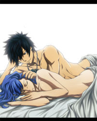 Rule 34 | 1boy, 1girl, artist request, bed, black eyes, black hair, blue hair, breasts, chest tattoo, closed eyes, closed mouth, collarbone, couple, fairy tail, gray fullbuster, hand on another&#039;s head, happy, hetero, jewelry, juvia lockser, long hair, looking at another, lying, matching hair/eyes, muscular, necklace, nude, on bed, on side, pillow, short hair, simple background, sleeping, smile, tattoo, white background