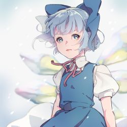 Rule 34 | 1girl, ama mt, blue bow, blue dress, blue eyes, blue hair, blunt bangs, blurry, bow, cirno, closed mouth, depth of field, dress, floating hair, hair bow, half updo, ice, ice wings, lips, puffy short sleeves, puffy sleeves, red ribbon, ribbon, short hair, short sleeves, simple background, snowing, solo, touhou, wind, wings