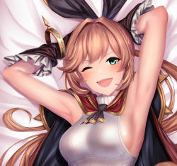 Rule 34 | 1girl, :d, absurdres, armpits, arms behind back, arms up, ascot, bed sheet, black ascot, black bow, blonde hair, blush, bow, bracelet, breasts, brown gloves, cape, clarisse (granblue fantasy), dakimakura (medium), from above, gloves, granblue fantasy, green eyes, hair bow, highres, jewelry, long hair, looking at viewer, medium breasts, on bed, one eye closed, open mouth, red cape, ribbed sweater, smile, solo, sweater, ulrich (tagaragakuin), white sweater