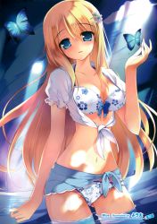 Rule 34 | 1girl, absurdres, artist name, bikini, blonde hair, blue eyes, blush, bug, butterfly, floral print, front-tie top, hair ornament, hairpin, highres, bug, long hair, looking at viewer, navel, open clothes, open shirt, original, parted lips, print bikini, sarong, shirt, solo, swimsuit, tied shirt, wading, water, youta