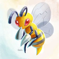 Rule 34 | antennae, beedrill, eric proctor, full body, gen 1 pokemon, looking at viewer, no humans, pokemon, pokemon (creature), red eyes, signature, solo, wings
