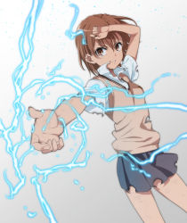 Rule 34 | 1girl, action, arm up, brown eyes, brown hair, brown sweater, brown vest, burnt clothes, commentary request, electricity, electrokinesis, energy, psychic, fantasy, feet out of frame, foreshortening, glowing, grey background, grey skirt, hair ornament, hairpin, hand up, highres, isshi pyuma, misaka mikoto, pleated skirt, psychic, revision, school uniform, science fiction, short hair, simple background, skirt, solo, sweater, sweater vest, toaru kagaku no railgun, toaru majutsu no index, tokiwadai school uniform, torn clothes, v-neck, vest