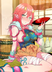 Rule 34 | 1girl, aqua footwear, arm support, bandaged leg, bandages, blurry, blush, bottle, breasts, bucket, copyright request, cup, depth of field, drunk, ebisque, eyebrows, green eyes, hair between eyes, head tilt, holding, horns, lens flare, long hair, medium breasts, nose blush, official art, oni horns, parted lips, pink hair, pointy ears, sakazuki, sandals, shoes, sitting, solo, tattoo, wariza, watermark, wrist cuffs