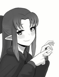 Rule 34 | 1girl, blush, bow, donburi (donburikazoku), greyscale, hair bow, hand gesture, highres, len (tsukihime), long hair, looking at viewer, monochrome, penetration gesture, pointy ears, simple background, smile, solo, tsukihime, white background