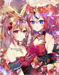 Rule 34 | 2girls, ahoge, animal ear fluff, animal ears, armband, blue eyes, brooch, brown eyes, brown hair, dress, feather hair ornament, feathers, flower, fur collar, hair flower, hair ornament, hairclip, hakos baelz, hololive, hololive english, jewelry, long hair, looking at viewer, mouse ears, multicolored hair, multiple girls, nanashi mumei, necklace, off shoulder, petals, ponytail, queen (vocaloid), red dress, red flower, red hair, red rose, rose, rose petals, sowon, sparkle background, streaked hair, tiara, twintails, very long hair, virtual youtuber, vocaloid