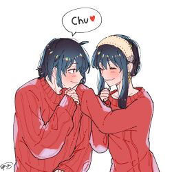 Rule 34 | 1boy, 1girl, ^ ^, affectionate, ahoge, awarinko, black hair, brother and sister, closed eyes, earrings, giggling, hairband, hand up, hands up, happy, heart, highres, jewelry, kiss, kissing hand, long sleeves, looking at another, profile, red sweater, short hair, siblings, sidelocks, simple background, smile, spoken heart, spy x family, sweater, updo, upper body, white background, yor briar, yuri briar