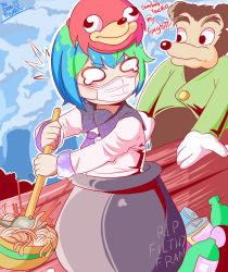 Rule 34 | 1boy, 1girl, absurdres, artist name, black eyes, blank eyes, blouse, blue hair, blue neckerchief, blue sailor collar, blush, bowl, closed mouth, commentary, earth-chan, earth hair, english text, food, getting over it, green hair, green shirt, highres, holding, in container, knuckles the echidna, long sleeves, mask, meme, mouth mask, multicolored hair, neckerchief, nervous, no pupils, nuclear reactor, parody, pasta, pot, sailor collar, shirt, somebody touched my spaghetti, sonic (series), space print, spaghetti, starry sky print, surgical mask, theironmountain, tools, tvfilthyfrank, two-tone hair, ugandan knuckles, white mask, white shirt