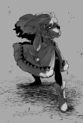 Rule 34 | 1girl, angry, boots, breasts, fighting stance, floating hair, full body, fur-trimmed boots, fur trim, greyscale, hair down, hand up, highres, holding, holding sword, holding weapon, kenkon no washi, li sakura, long hair, long sleeves, looking at viewer, monochrome, no mask, one eye covered, pantyhose, puffy long sleeves, puffy sleeves, reverse grip, sash, simple background, solo, standing, sword, weapon, wide-eyed, wiping face