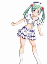 Rule 34 | 1girl, blue eyes, bow, earrings, female focus, flat chest, green hair, hair bobbles, hair ornament, hat, ikkitousen, jewelry, looking at viewer, magatama, magatama earrings, midriff, navel, sailor collar, shirt, shokatsuryou koumei, short sleeves, simple background, skirt, solo, tied shirt, twintails, white background