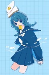 Rule 34 | 1girl, arms behind back, blue background, blue eyes, blue hair, blue sailor collar, blue serafuku, blue shirt, blue skirt, blunt bangs, braid, bread, bread slice, cropped legs, dot nose, drop shadow, fish, floating hair, food, fried egg, from side, grid background, highres, legs apart, long hair, long sleeves, looking at viewer, low twin braids, miniskirt, mouth hold, neckerchief, original, own hands together, pleated skirt, sailor collar, school uniform, serafuku, shirt, sidelocks, simple background, skirt, sliced cheese, solo, sskitaco, toast, twin braids, white neckerchief