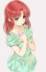 Rule 34 | 1girl, ancient ys vanished, blue eyes, collarbone, drape, dress, falcom, from above, green dress, green skirt, grey background, hands on own chest, harmonica, holding, instrument, kawata hisashi, lilia, lilia (ys), red hair, short dress, simple background, skirt, solo, ys