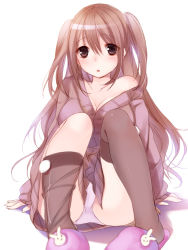 Rule 34 | 1girl, arm support, bad id, bad pixiv id, bare shoulders, black thighhighs, blush, breasts, brown eyes, brown hair, cardigan, itou nanami, large breasts, long hair, looking at viewer, original, panties, pantyshot, parted lips, see-through, see-through legwear, shirt slip, simple background, sitting, slippers, solo, sweater, thighhighs, thighhighs pull, twintails, two side up, underwear, white background, white panties