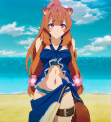 Rule 34 | 1girl, absurdres, animal ears, arms behind back, belly, blue sky, blush, closed mouth, cloud, flower, hair flower, hair ornament, highres, pink eyes, raccoon ears, raccoon tail, raphtalia, revealing clothes, screencap, sky, stitched, swimsuit, tagme, tail, tate no yuusha no nariagari, third-party edit